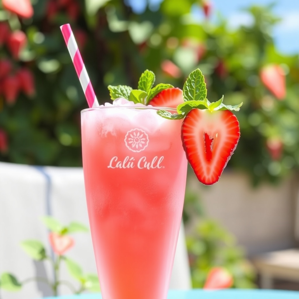 Refreshing Strawberry Coconut Cooler A refreshing Strawberry Coconut Cooler in a glass with ice, garnished with strawberries and mint leaves.
